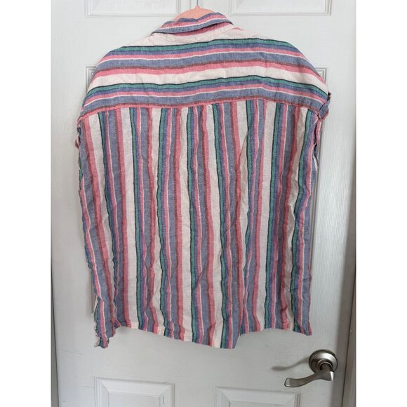 Orvis Multi-Color Cap Sleeve Striped Button Down Linen Blend Blouse Size XL - Picture 7 of 8